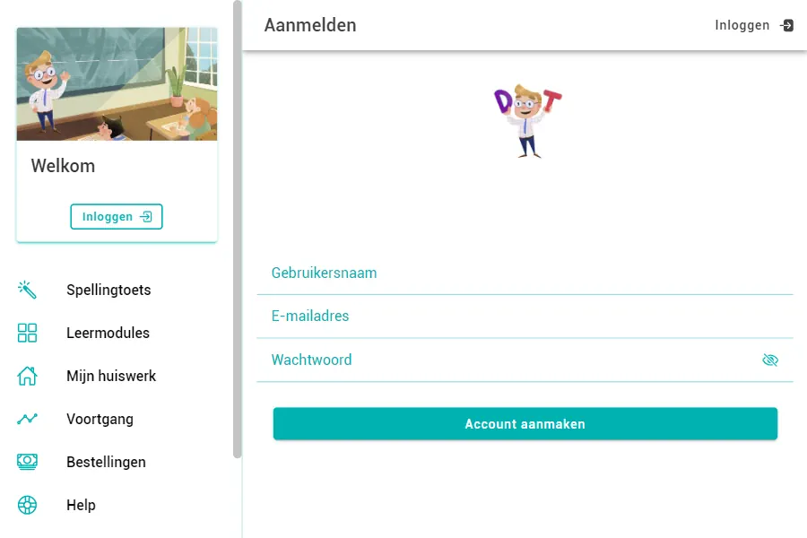 Screenshot van de aanmelden pagina