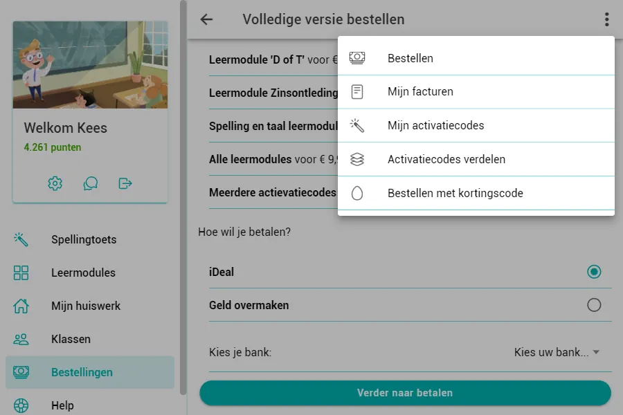 Screenshot van het menu rechtsboven op de bestellingen pagina