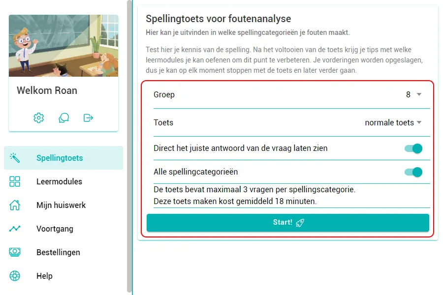 screenshot spellingtoets instellingen