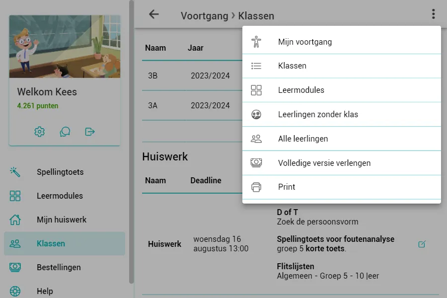 Screenshot van het menu rechtsboven op de klassen pagina